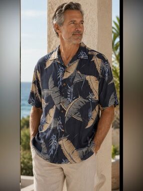 Tommy Bahama vintage 100% Silk blue vacation resort Tropical button up Shirt -L